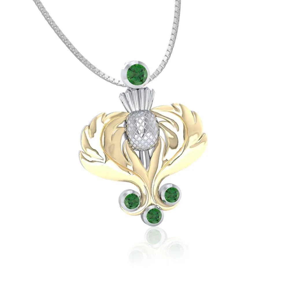 A noble elegance ~ Sterling Silver Scottish Thistle Pendant Jewelry in 18k Gold accent and Gemstones MPD682