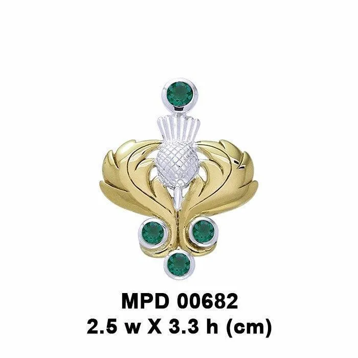 A noble elegance ~ Sterling Silver Scottish Thistle Pendant Jewelry in 18k Gold accent and Gemstones MPD682