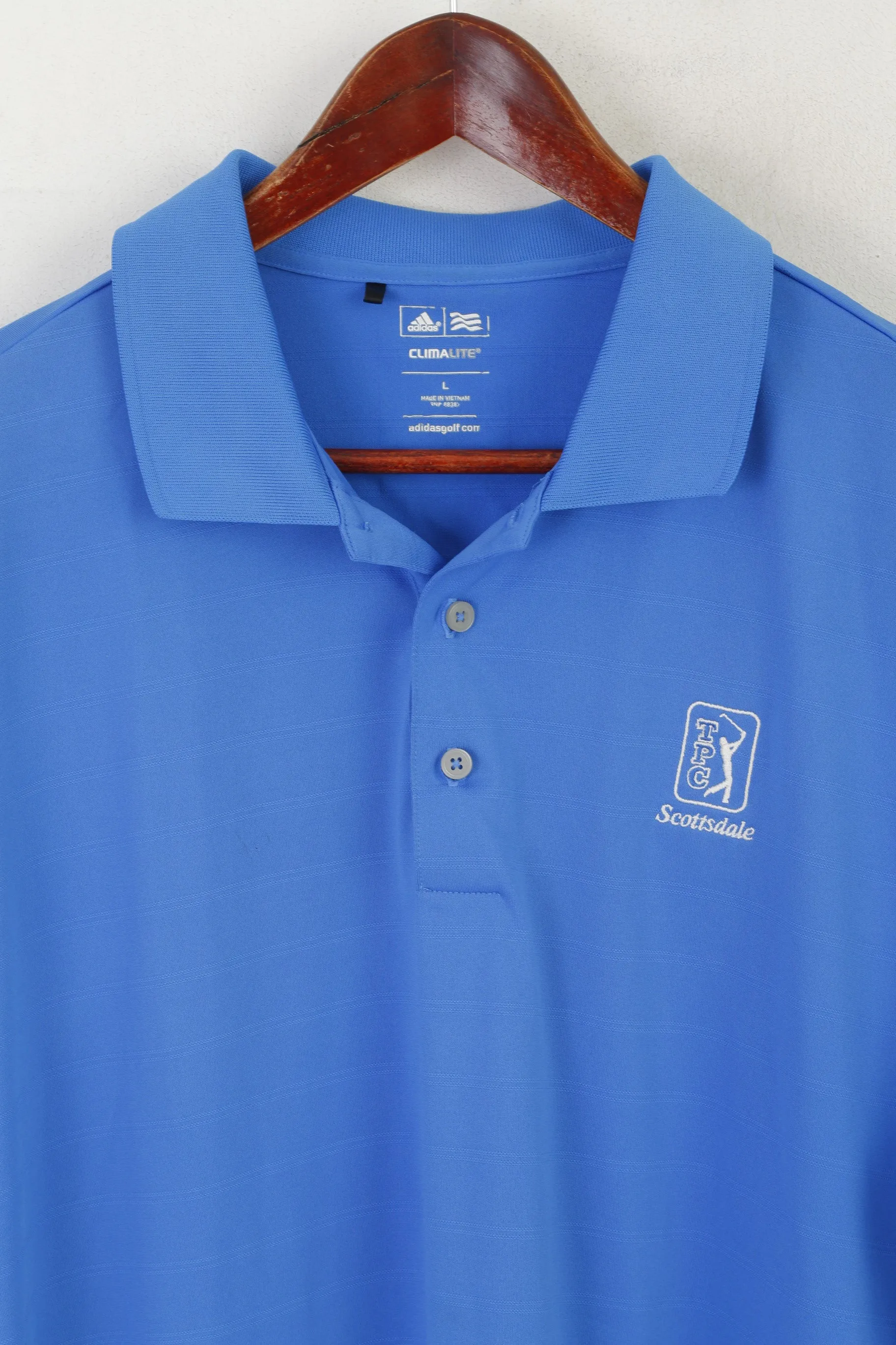 Adidas Men L Polo Shirt Blue Climalite Golf TPC Scottsdale Jersey Vintage Top