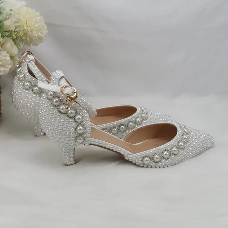 Advbridge  -  Bridal Wedding Shoes Fashion Sandals Woman Thin Heel Pearl Crystal Party Dress Shoes Woman High Pumps Ankle strap Pointed Toe