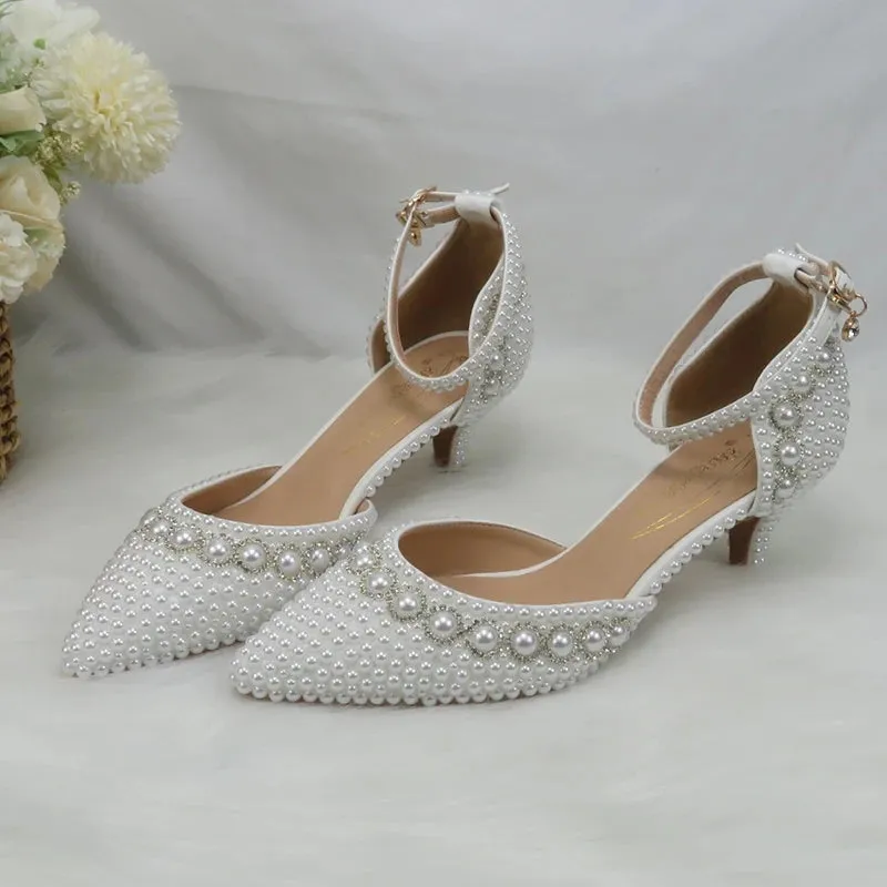 Advbridge  -  Bridal Wedding Shoes Fashion Sandals Woman Thin Heel Pearl Crystal Party Dress Shoes Woman High Pumps Ankle strap Pointed Toe