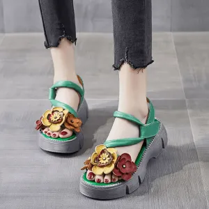 Babakud Women Summer Vintage Floral Leather Mid-Heel Sandals