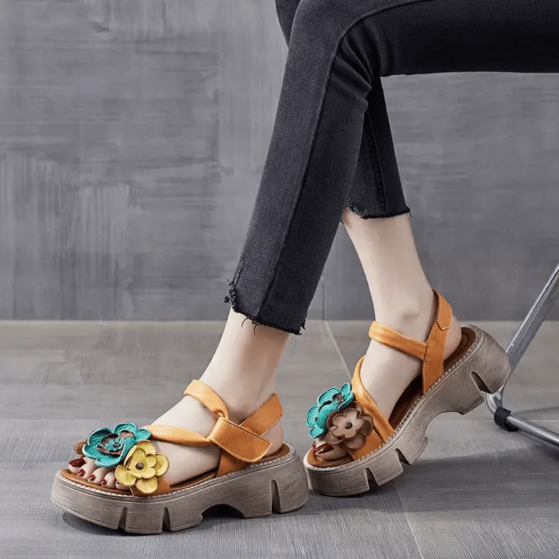 Babakud Women Summer Vintage Floral Leather Mid-Heel Sandals