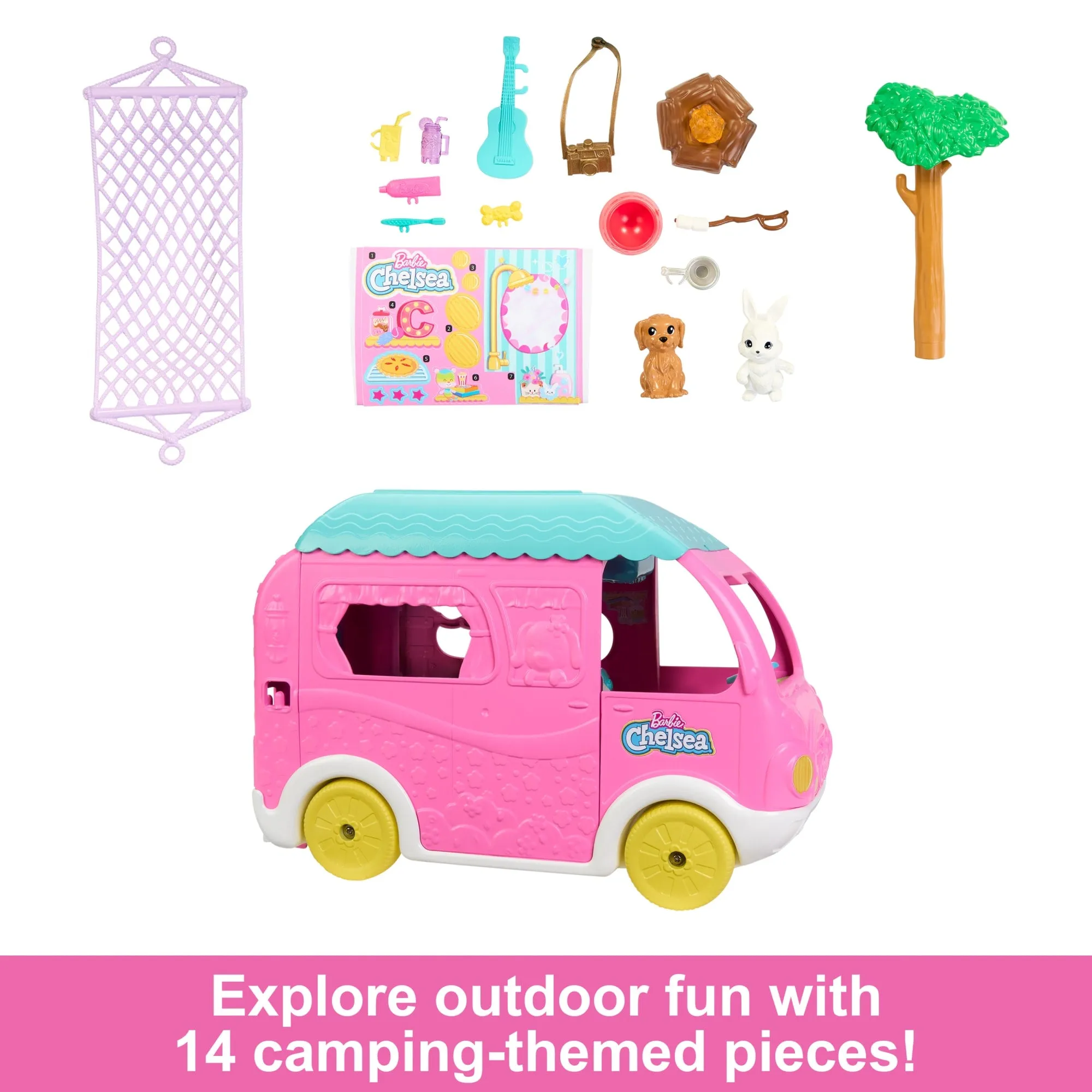 Barbie Chelsea 2-in-1 Camper Playset With Chelsea Small Doll, 2 Pets & 15 Accessories