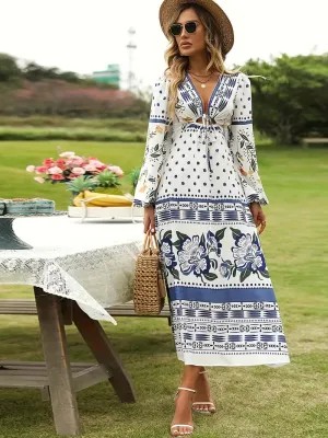 BerryBetty - Boho Lantern Sleeve Floral Print V Neck Dress