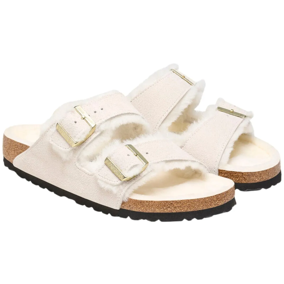 Birkenstock Womens Arizona Shearling-Lined Suede Sandals - Antique White