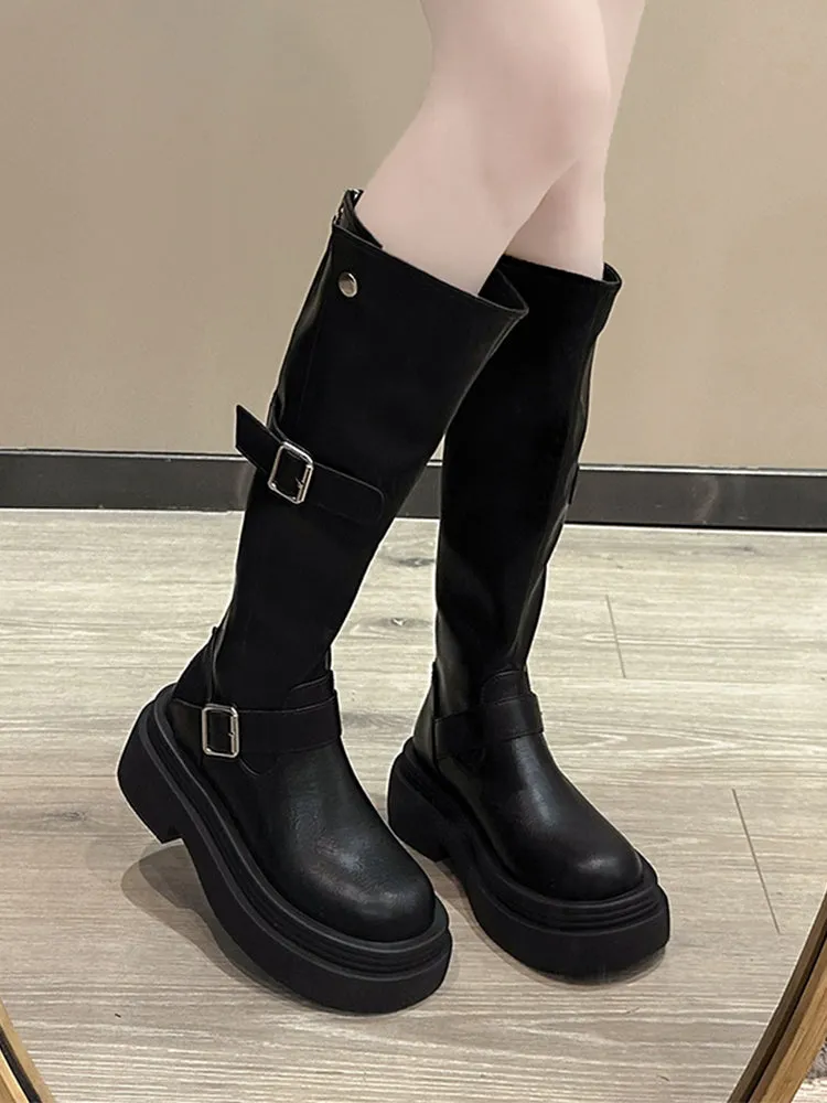 Black American retro thick-heeled platform boots