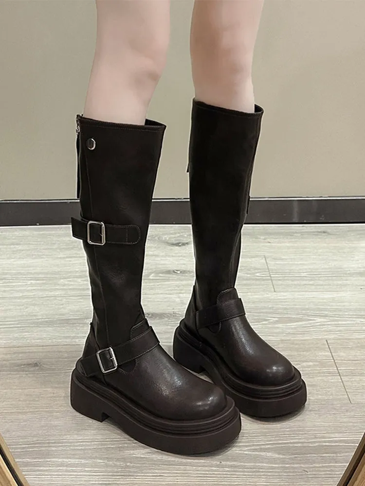 Black American retro thick-heeled platform boots