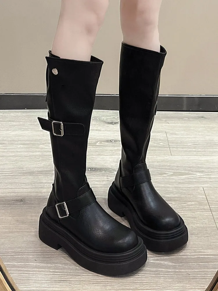 Black American retro thick-heeled platform boots