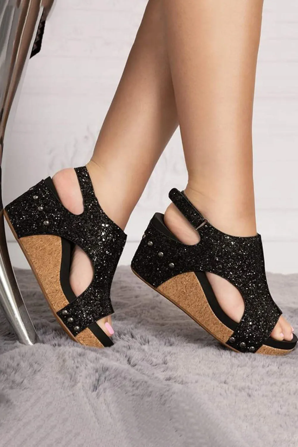 Black Buckle Hollow Out Sequin Wedge Sandals