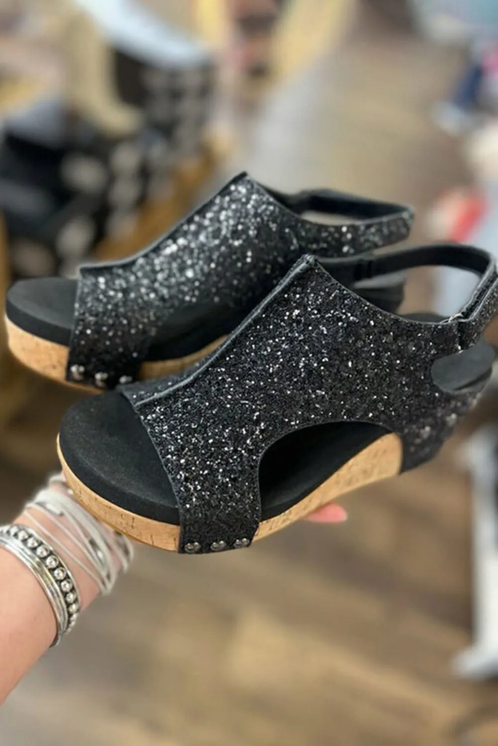 Black Buckle Hollow Out Sequin Wedge Sandals