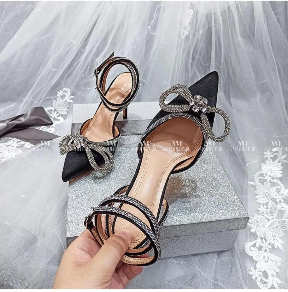 Black Satin Diamante Bow Shoes