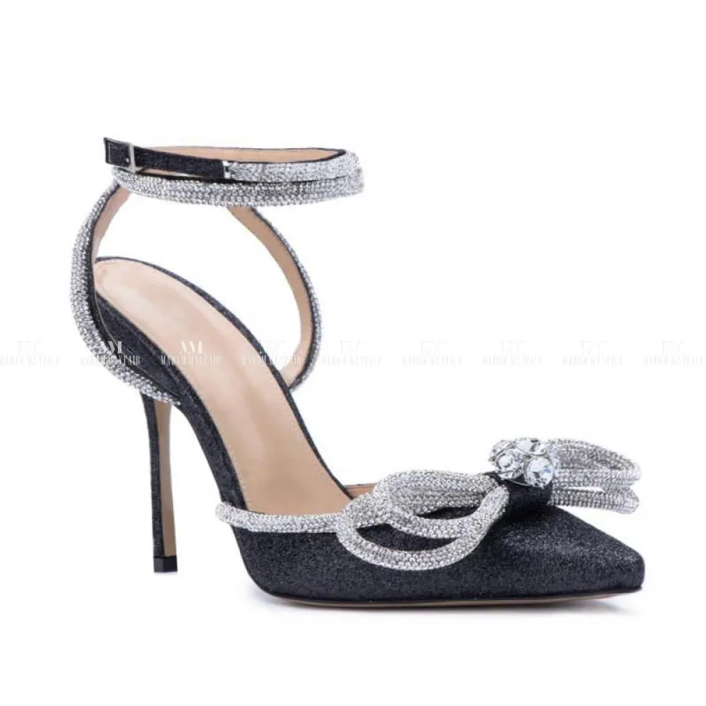 Black Satin Diamante Bow Shoes