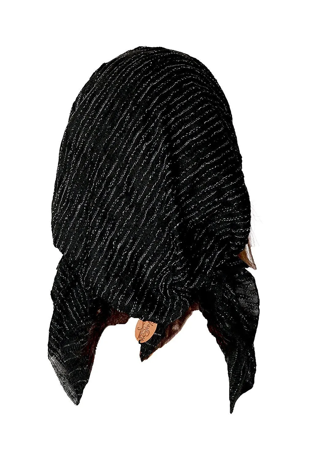 Boho Chic Black Pre-tied Head-Scarf Tichel Textured Breathable Knit Collection ShariRose (Black silver sparkle short - sk01)