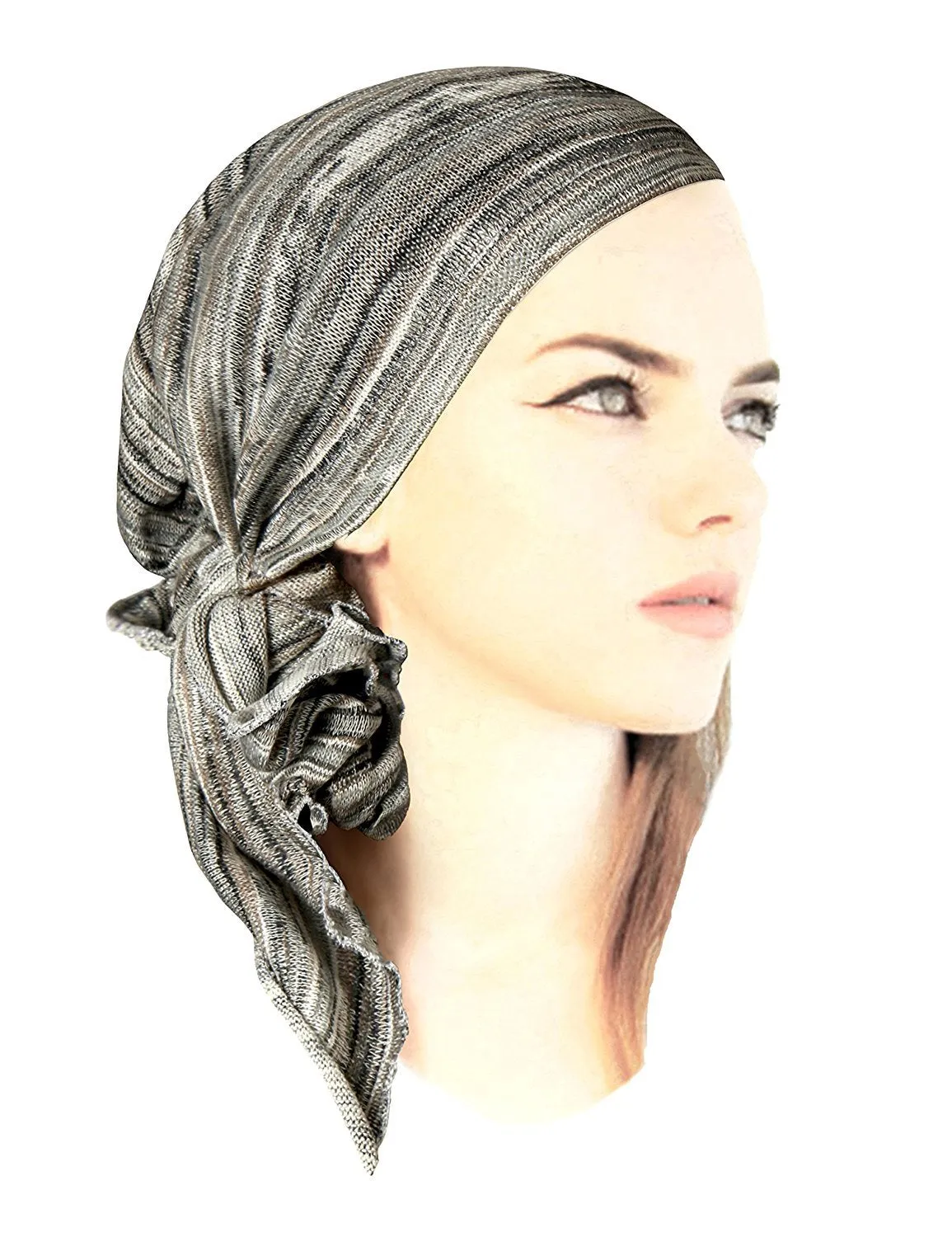 Boho Chic Pre-tied Head-Scarf Tichel Textured Breathable Knit Collection ShariRose (Black white gray taupe long - 403)