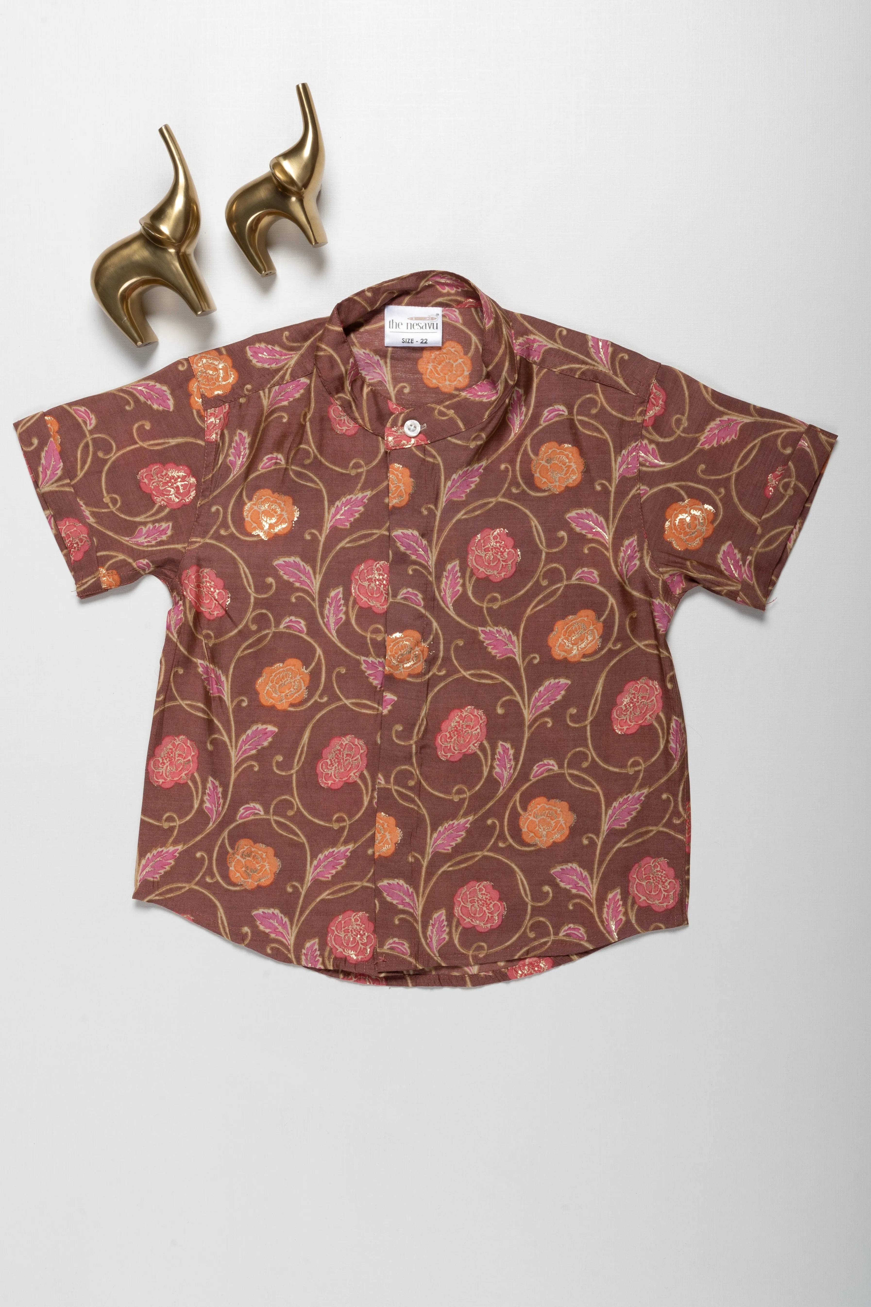 Boys Breathable Chanderi Floral Print Shirt - Traditional Festive Attire