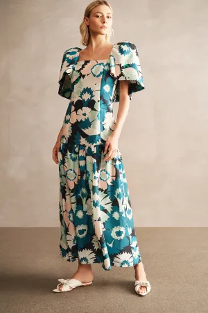 Flower Power Puff-Sleeved Long Dress