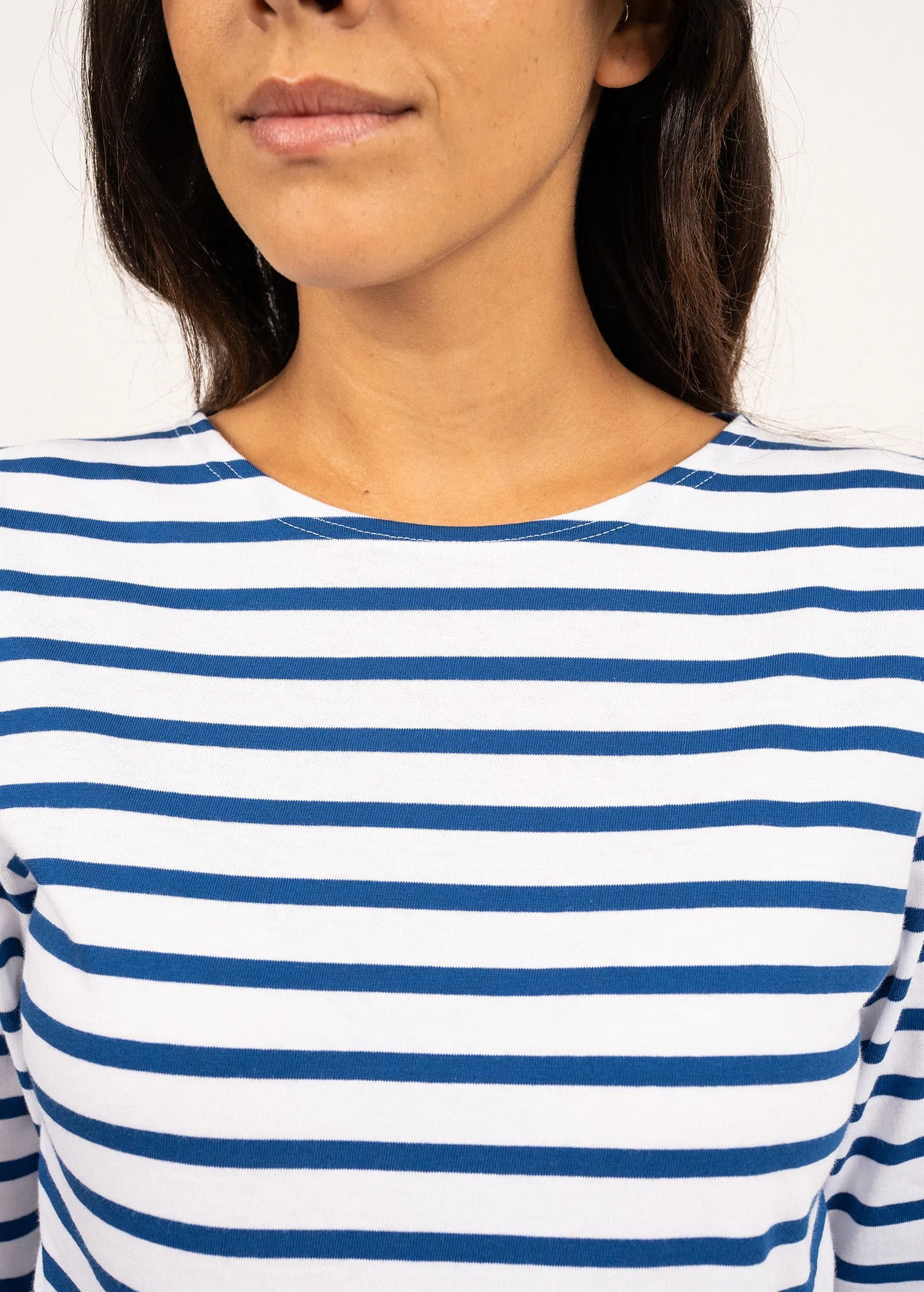 GALATHEE II - Breton Striped Top with ¾ Sleeve | Soft Cotton | Women Fit (WHITE / ROYAL BLUE)