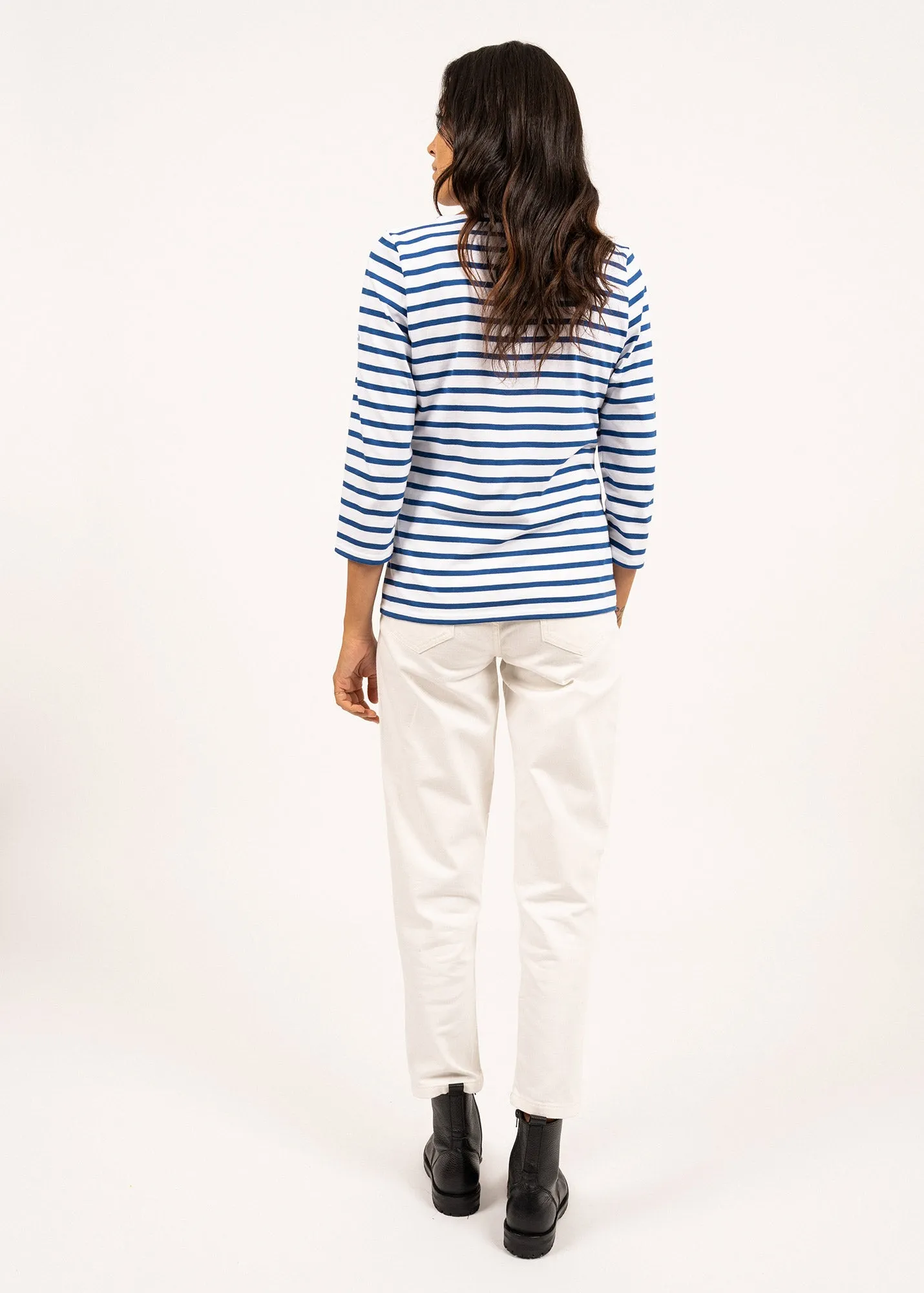 GALATHEE II - Breton Striped Top with ¾ Sleeve | Soft Cotton | Women Fit (WHITE / ROYAL BLUE)