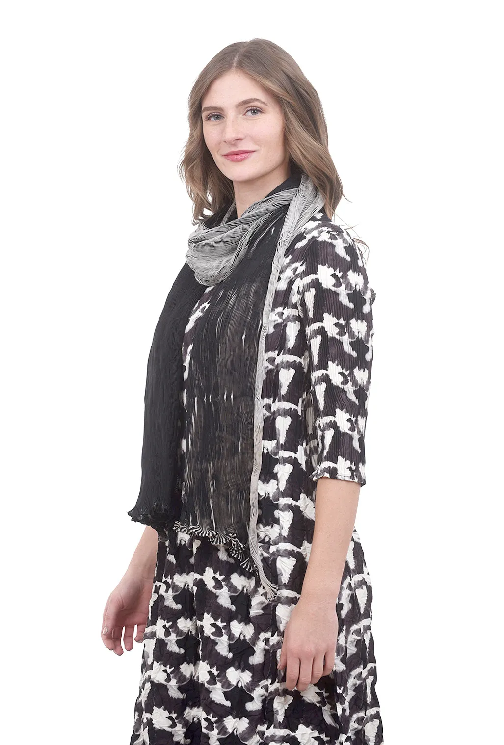 Pleated Silk Scarf, Black/Cream