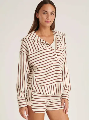 Thrive Société Women's Cloud Oversized Collar Pullover Shirt - Nutshell Stripe Brown