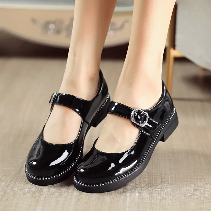 xiangtuibao Bright Patent Leather Belt Buckle Breathable Round Heel Sweet Student Shoes Hollow Breathable Summer Mary Jane Shoes